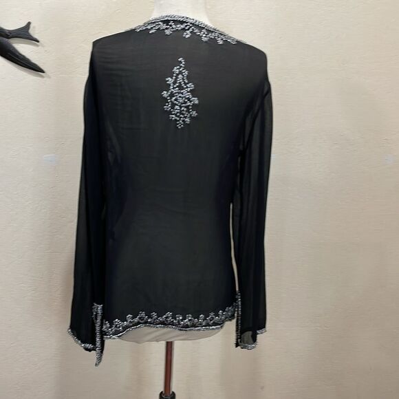Saks Fifth Avenue 100% Silk Sheer Black Tunic Blouse With Beaded Trim - M - Picture 3 of 10